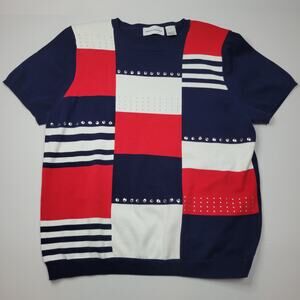 Alfred Dunner Patriotic Red White Blue Sparkle Beaded Short Sleeve Size Large